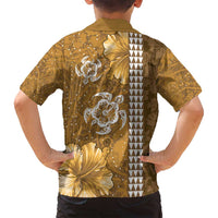 Gold Hibiscus Turle Family Matching Summer Maxi Dress and Hawaiian Shirt Hawaiian Style Tribal Tapa Pattern