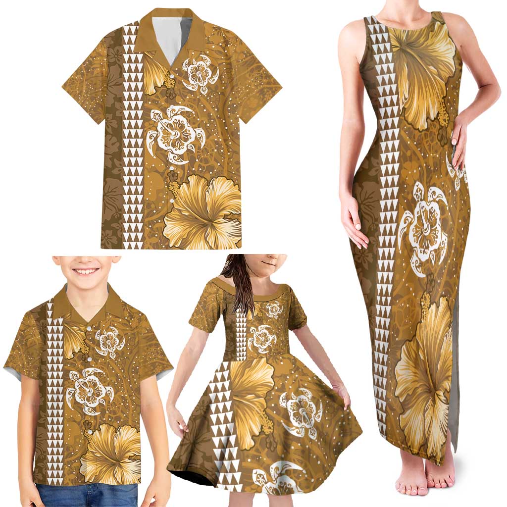 Gold Hibiscus Turle Family Matching Tank Maxi Dress and Hawaiian Shirt Hawaiian Style Tribal Tapa Pattern LT9 - Polynesian Pride