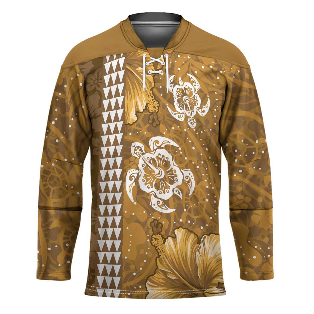 Gold Hibiscus Turle Hockey Jersey Hawaiian Style Tribal Tapa Pattern LT9 Unisex Gold - Polynesian Pride