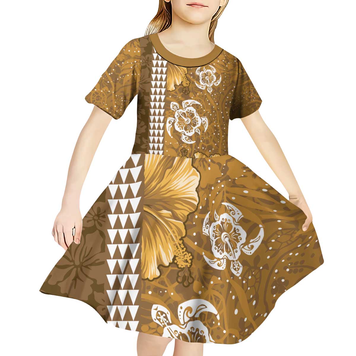 Gold Hibiscus Turle Kid Short Sleeve Dress Hawaiian Style Tribal Tapa Pattern