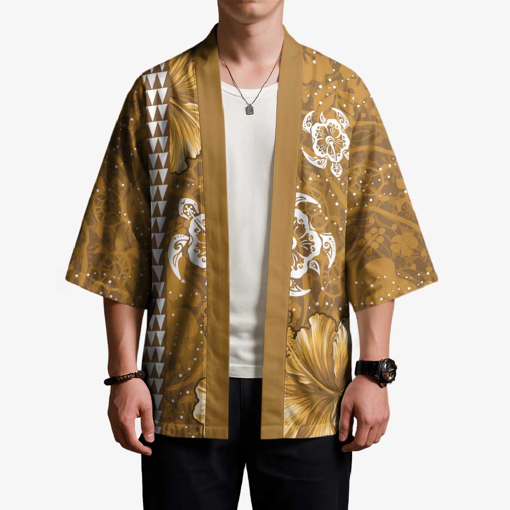 Gold Hibiscus Turle Kimono Hawaiian Style Tribal Tapa Pattern - Polynesian Pride