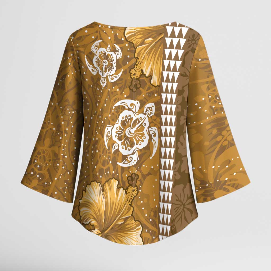 Gold Hibiscus Turle Kimono Sleeve Blouse Hawaiian Style Tribal Tapa Pattern - Polynesian Pride