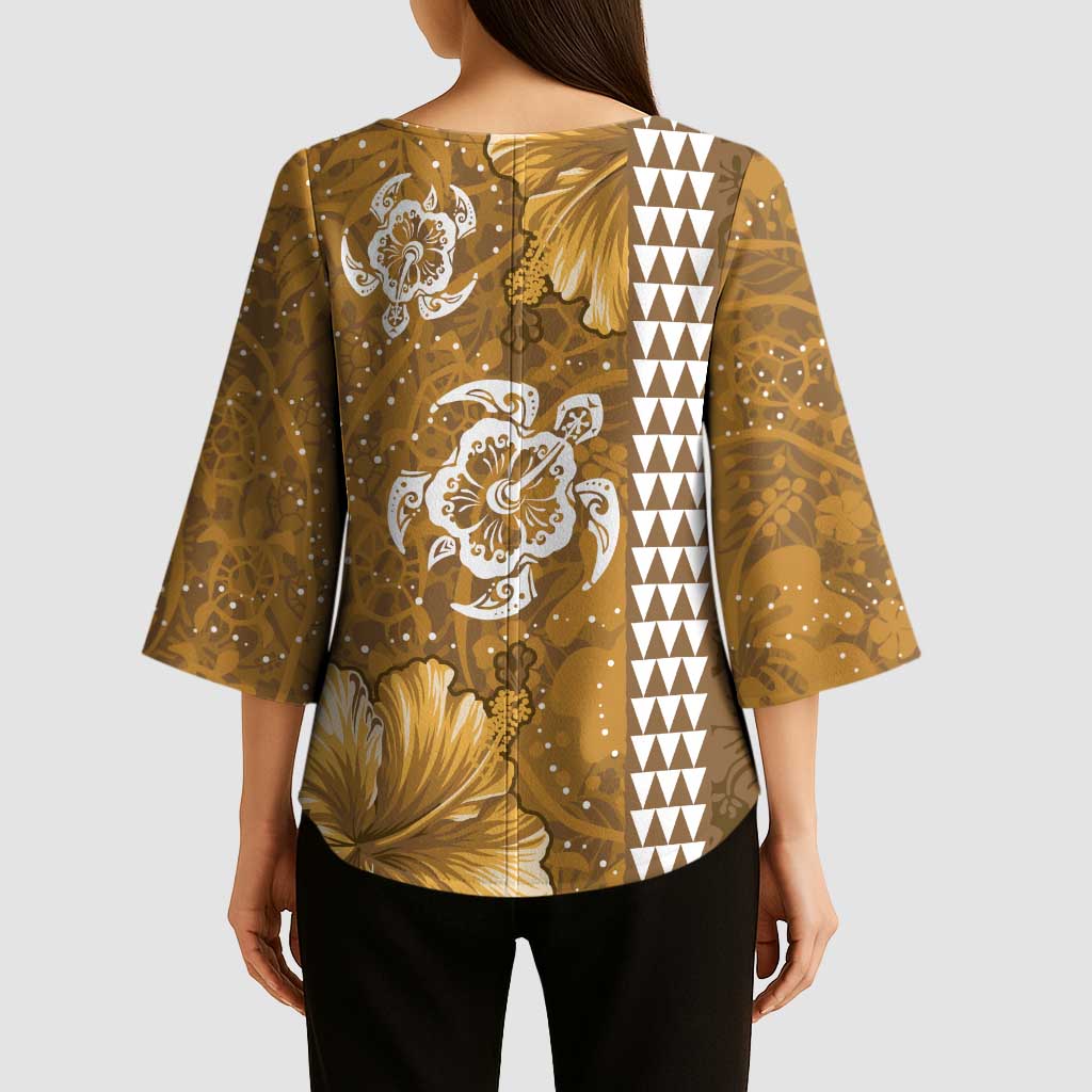 Gold Hibiscus Turle Kimono Sleeve Blouse Hawaiian Style Tribal Tapa Pattern - Polynesian Pride