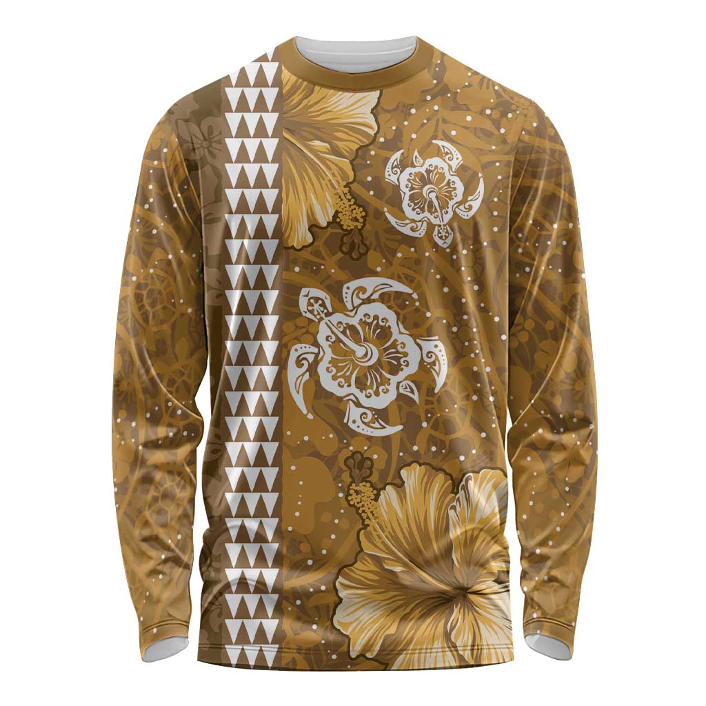 Gold Hibiscus Turle Long Sleeve Shirt Hawaiian Style Tribal Tapa Pattern