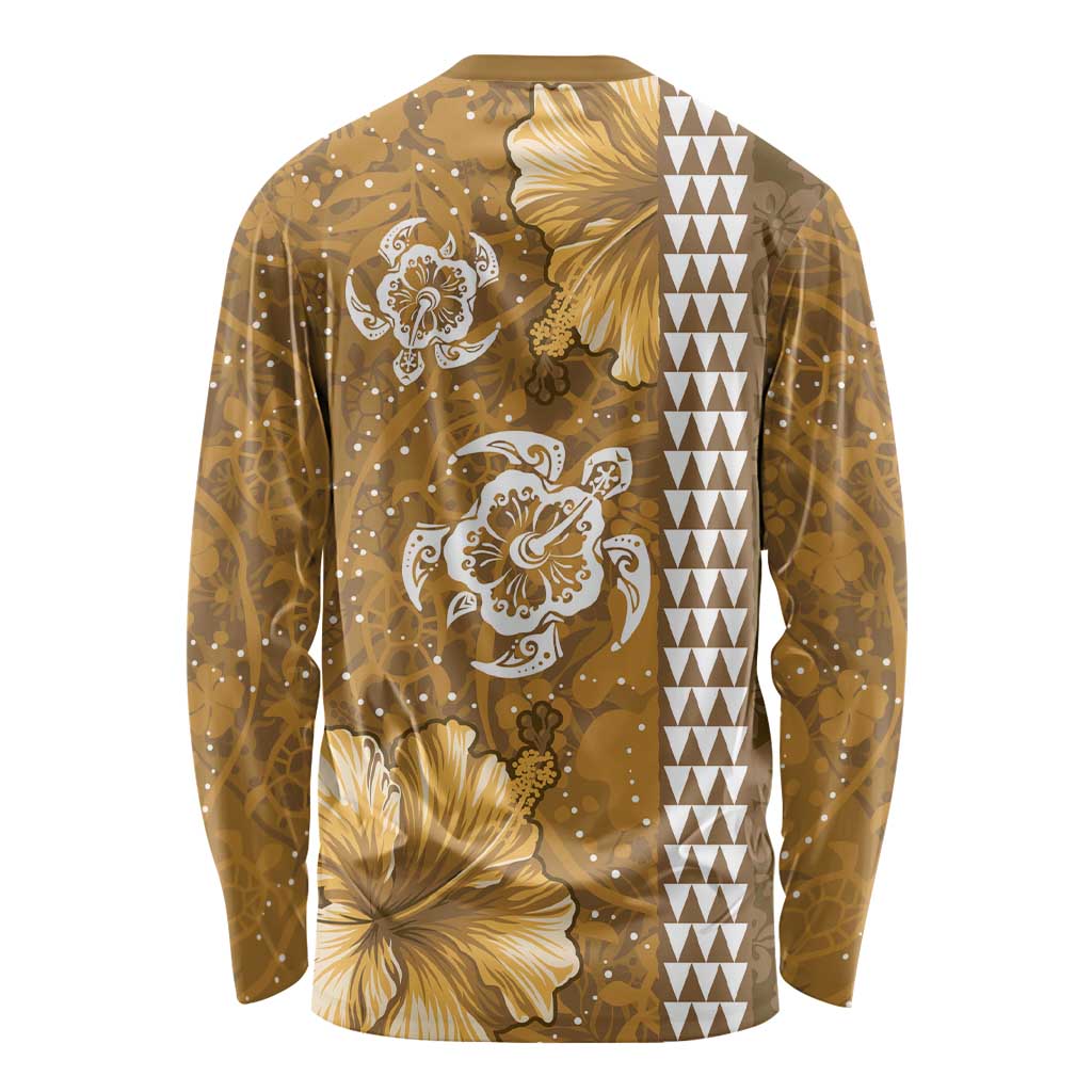Gold Hibiscus Turle Long Sleeve Shirt Hawaiian Style Tribal Tapa Pattern