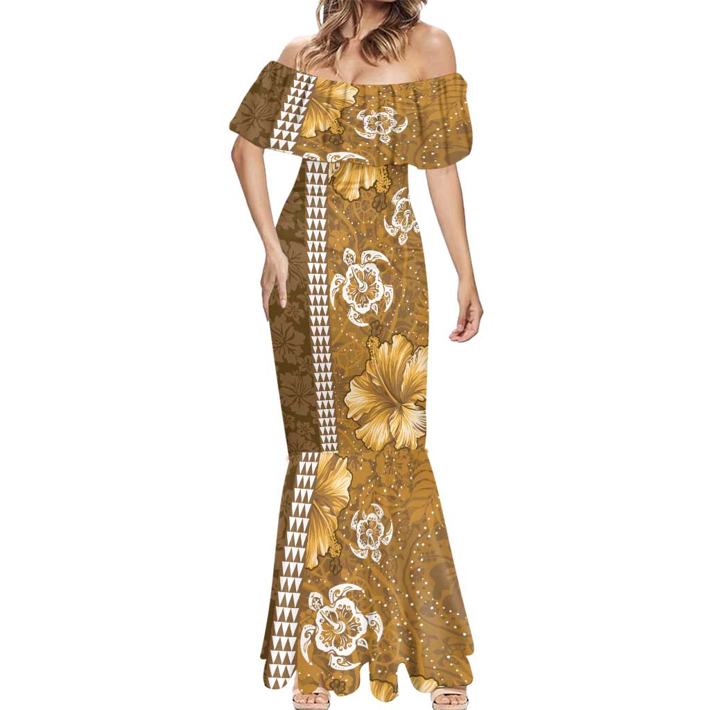 Gold Hibiscus Turle Mermaid Dress Hawaiian Style Tribal Tapa Pattern