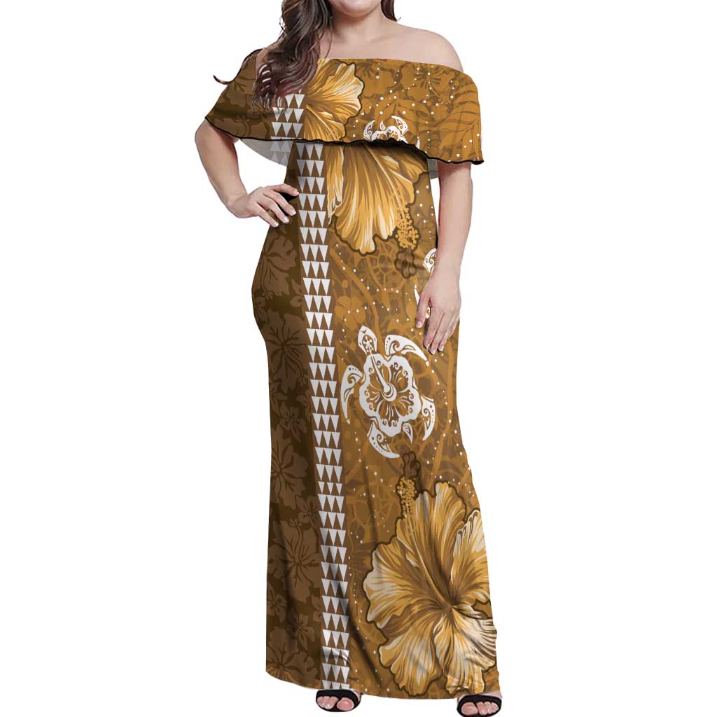 Gold Hibiscus Turle Off Shoulder Maxi Dress Hawaiian Style Tribal Tapa Pattern