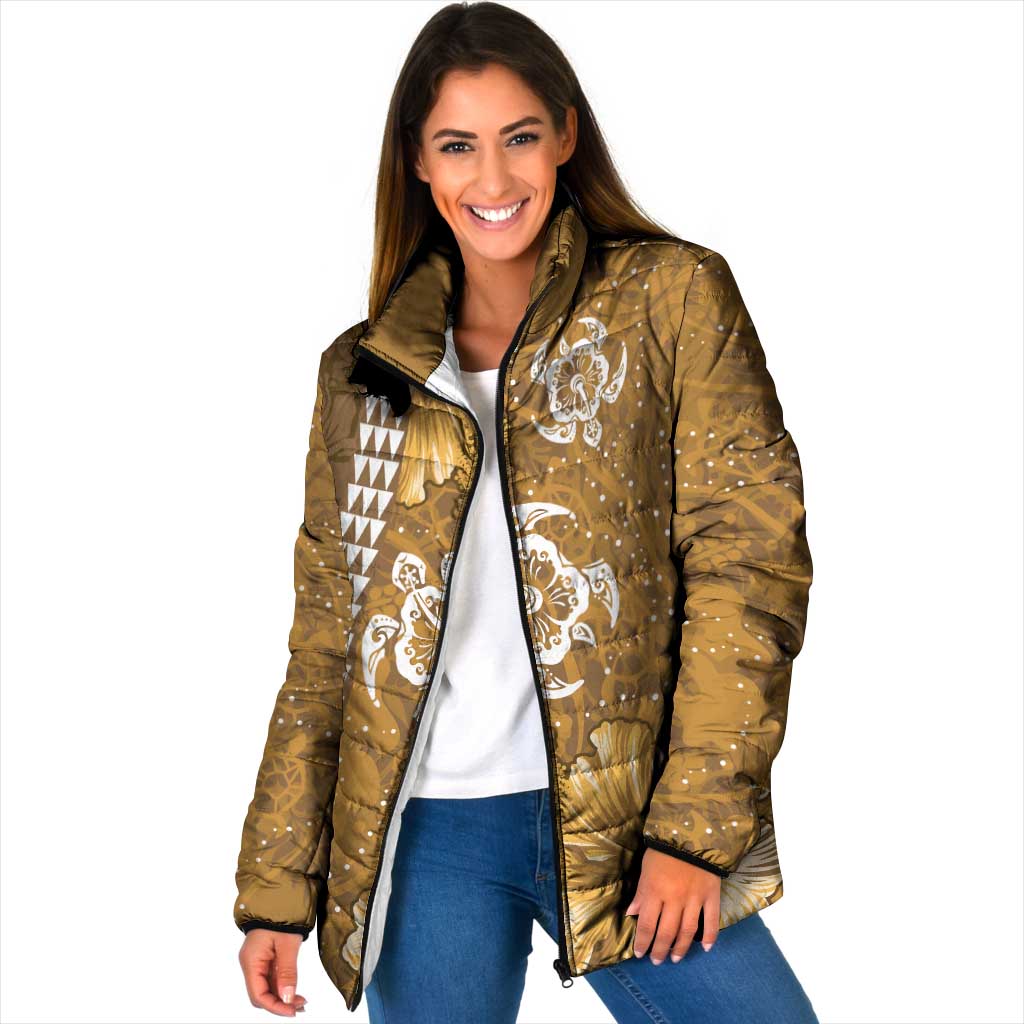 Gold Hibiscus Turle Padded Jacket Hawaiian Style Tribal Tapa Pattern LT9 Women Gold - Polynesian Pride
