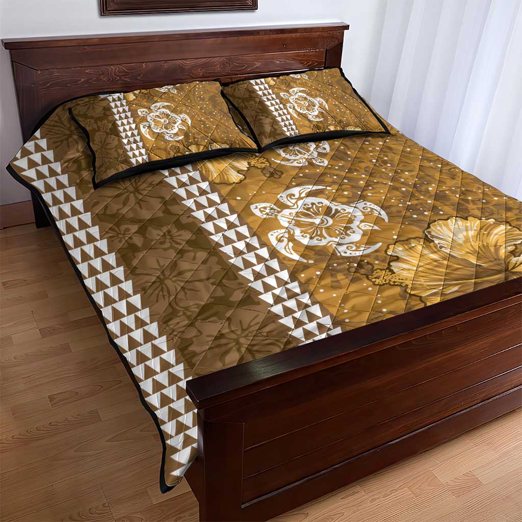Gold Hibiscus Turle Quilt Bed Set Hawaiian Style Tribal Tapa Pattern