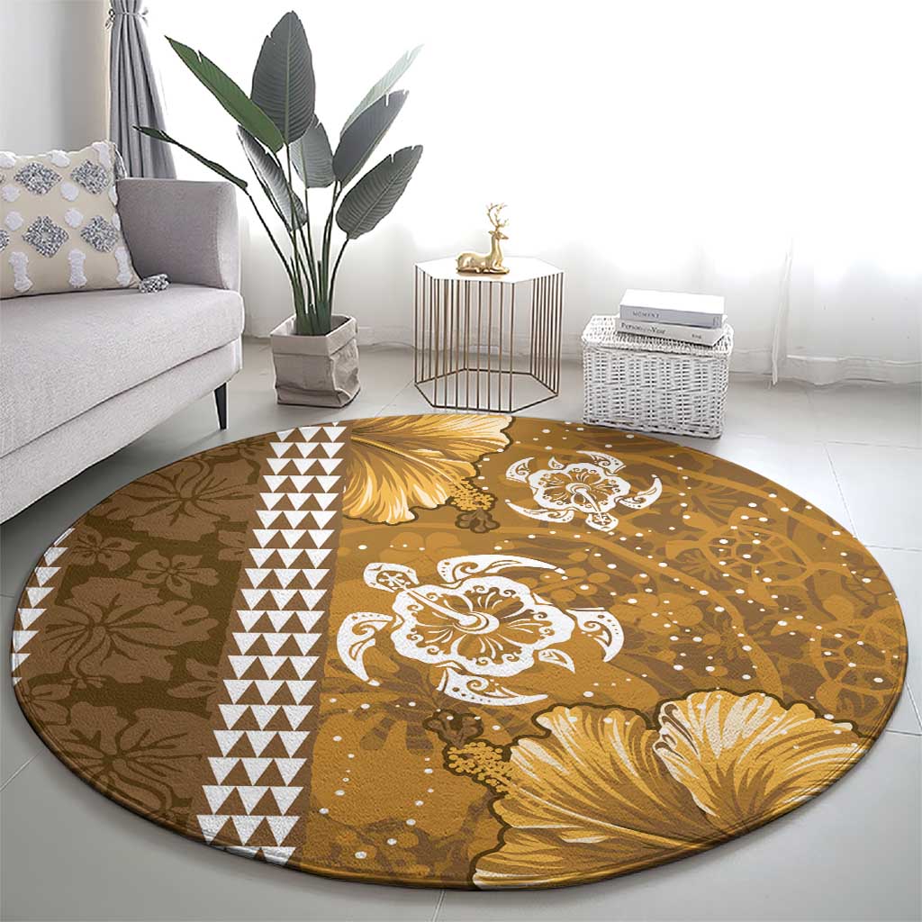 Gold Hibiscus Turle Round Carpet Hawaiian Style Tribal Tapa Pattern