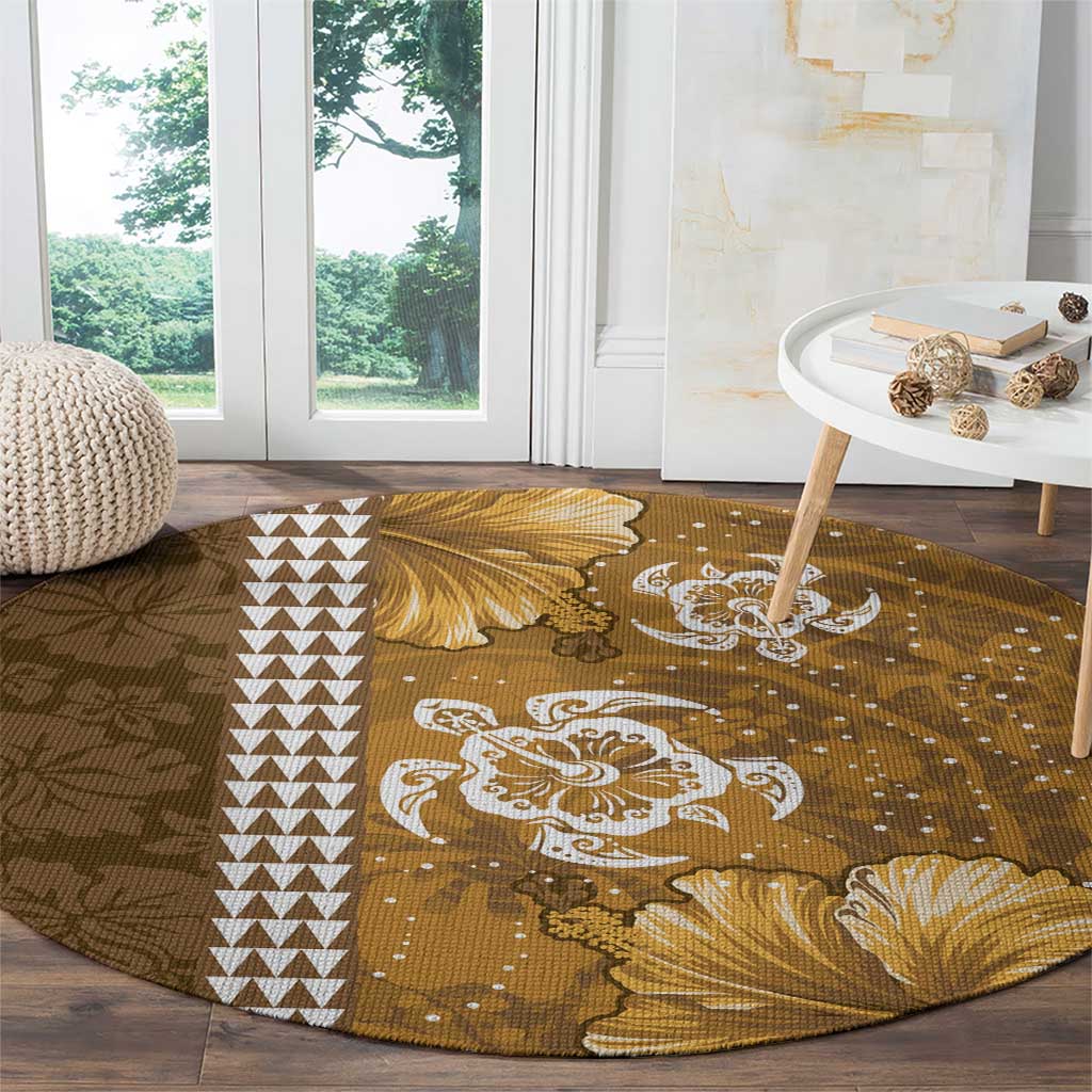 Gold Hibiscus Turle Round Carpet Hawaiian Style Tribal Tapa Pattern