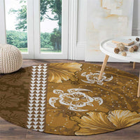 Gold Hibiscus Turle Round Carpet Hawaiian Style Tribal Tapa Pattern