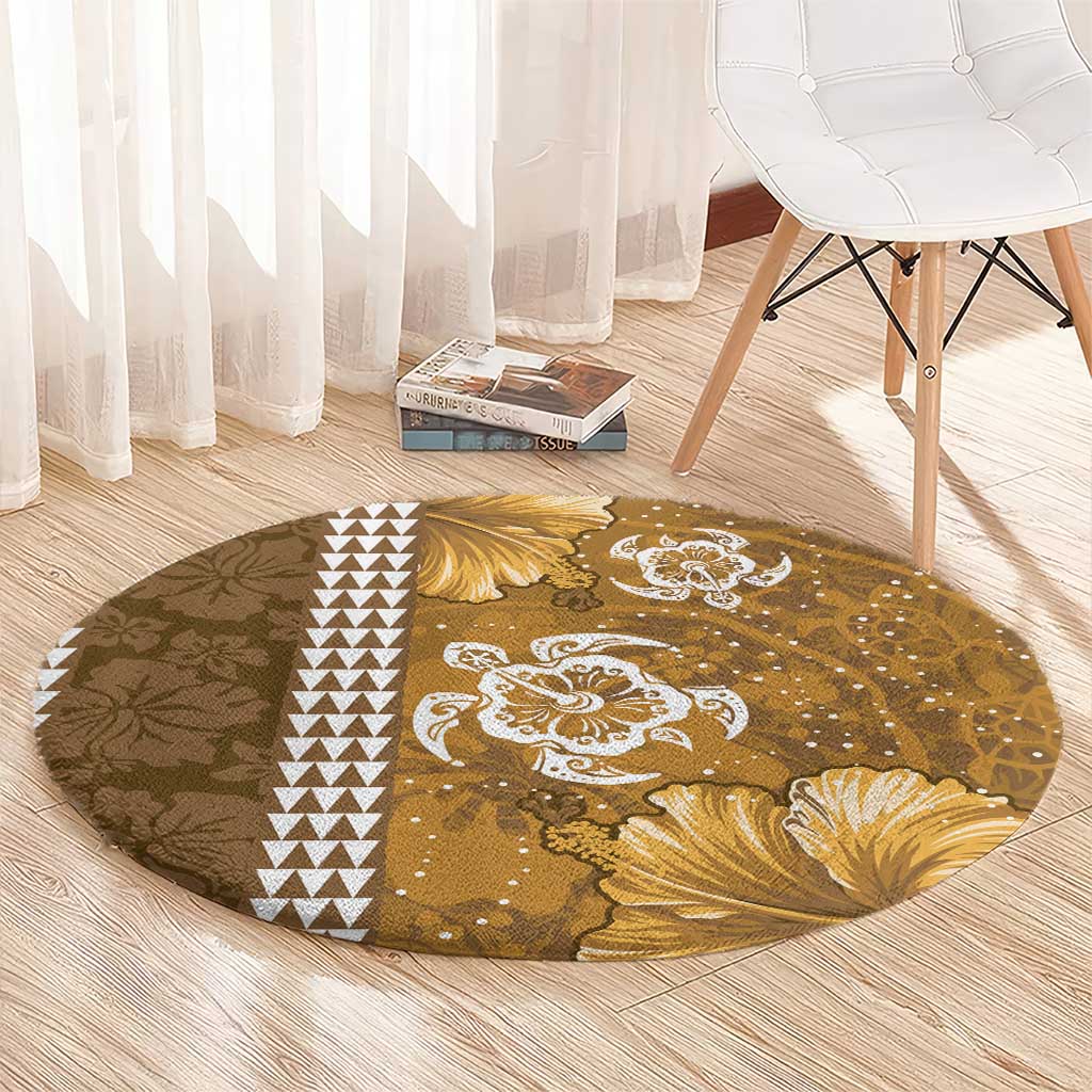 Gold Hibiscus Turle Round Carpet Hawaiian Style Tribal Tapa Pattern
