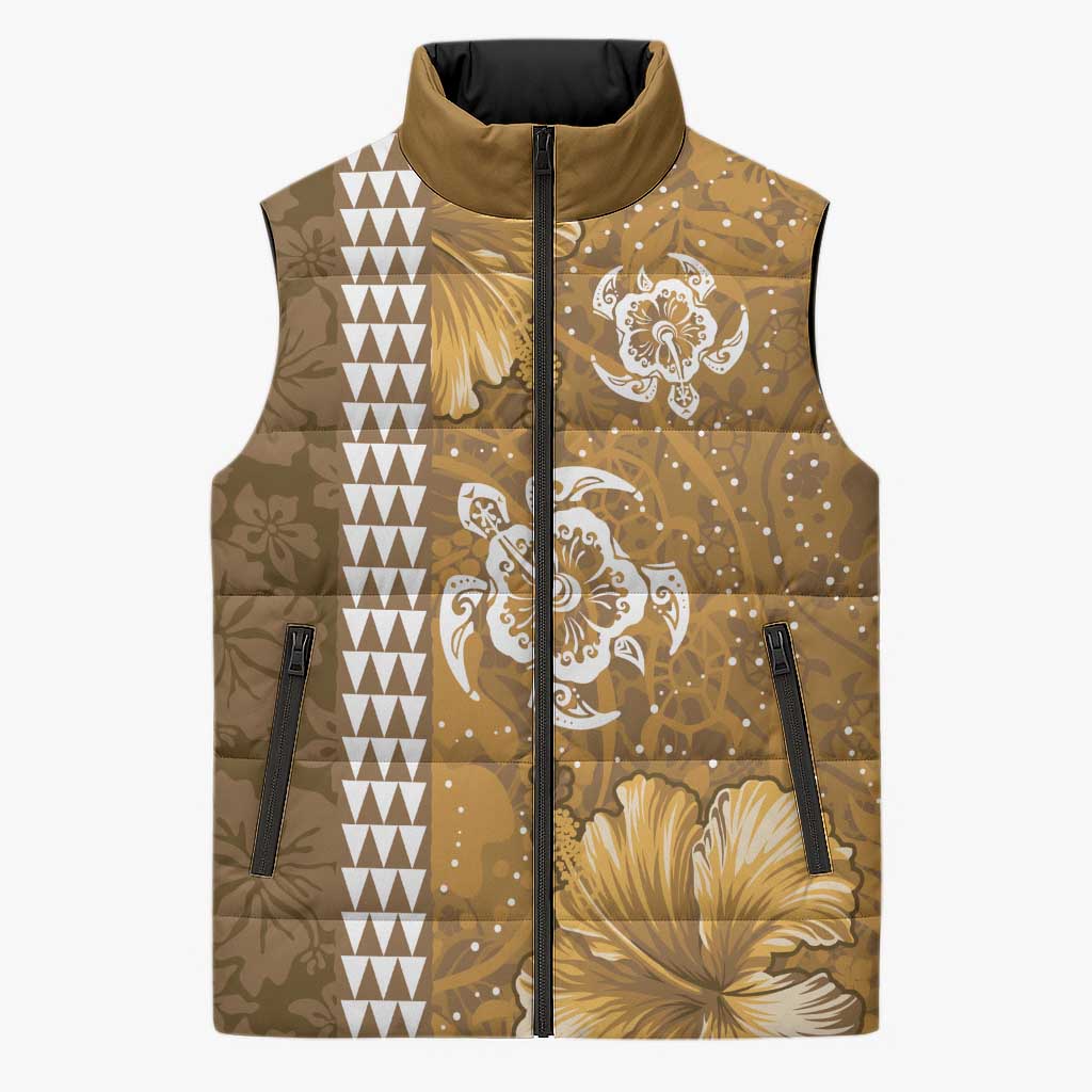 Gold Hibiscus Turle Sleeveless Puffer Jacket Hawaiian Style Tribal Tapa Pattern LT9 Unisex Gold - Polynesian Pride