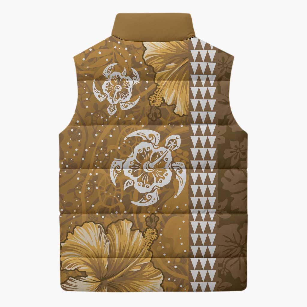 Gold Hibiscus Turle Sleeveless Puffer Jacket Hawaiian Style Tribal Tapa Pattern LT9 - Polynesian Pride