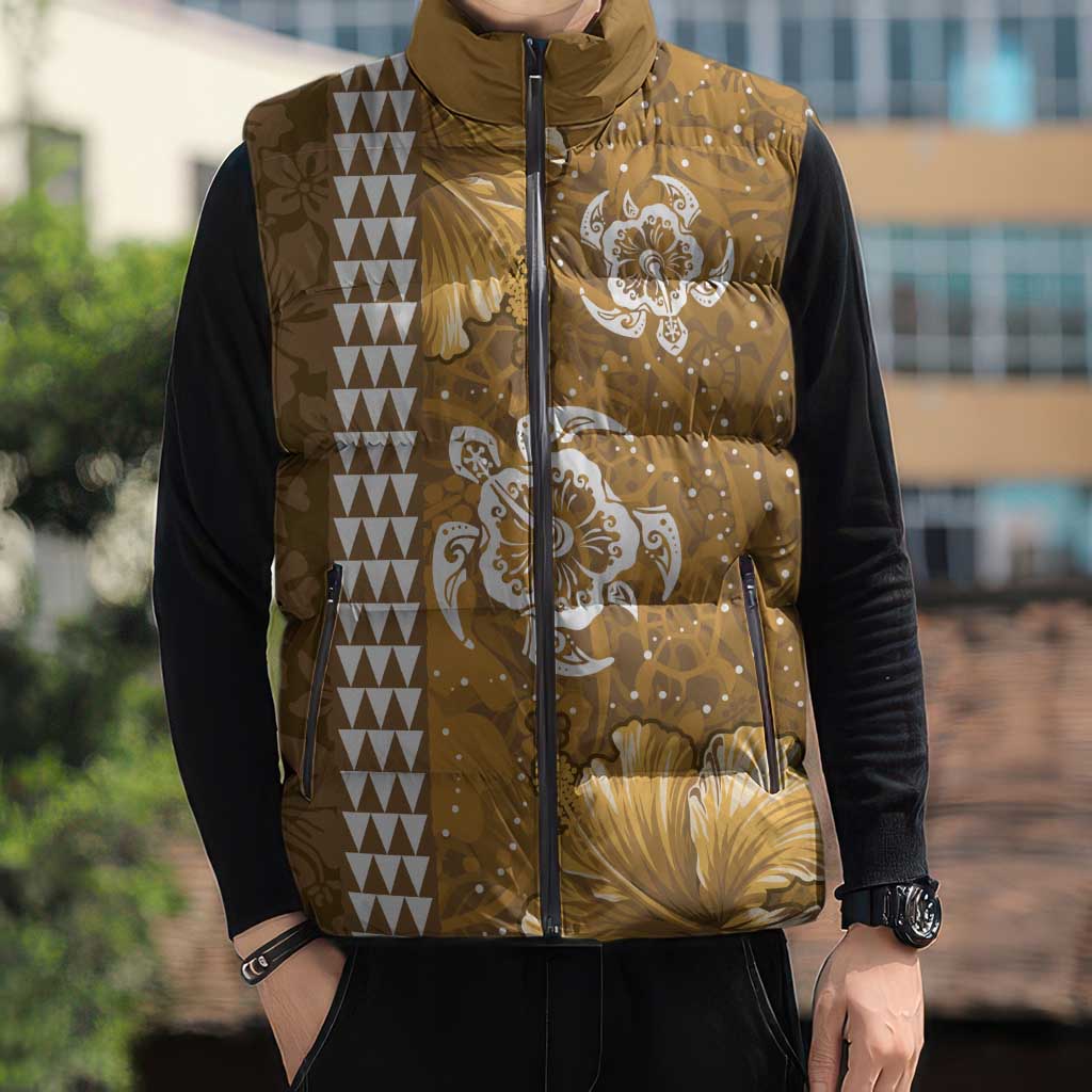 Gold Hibiscus Turle Sleeveless Puffer Jacket Hawaiian Style Tribal Tapa Pattern LT9 - Polynesian Pride