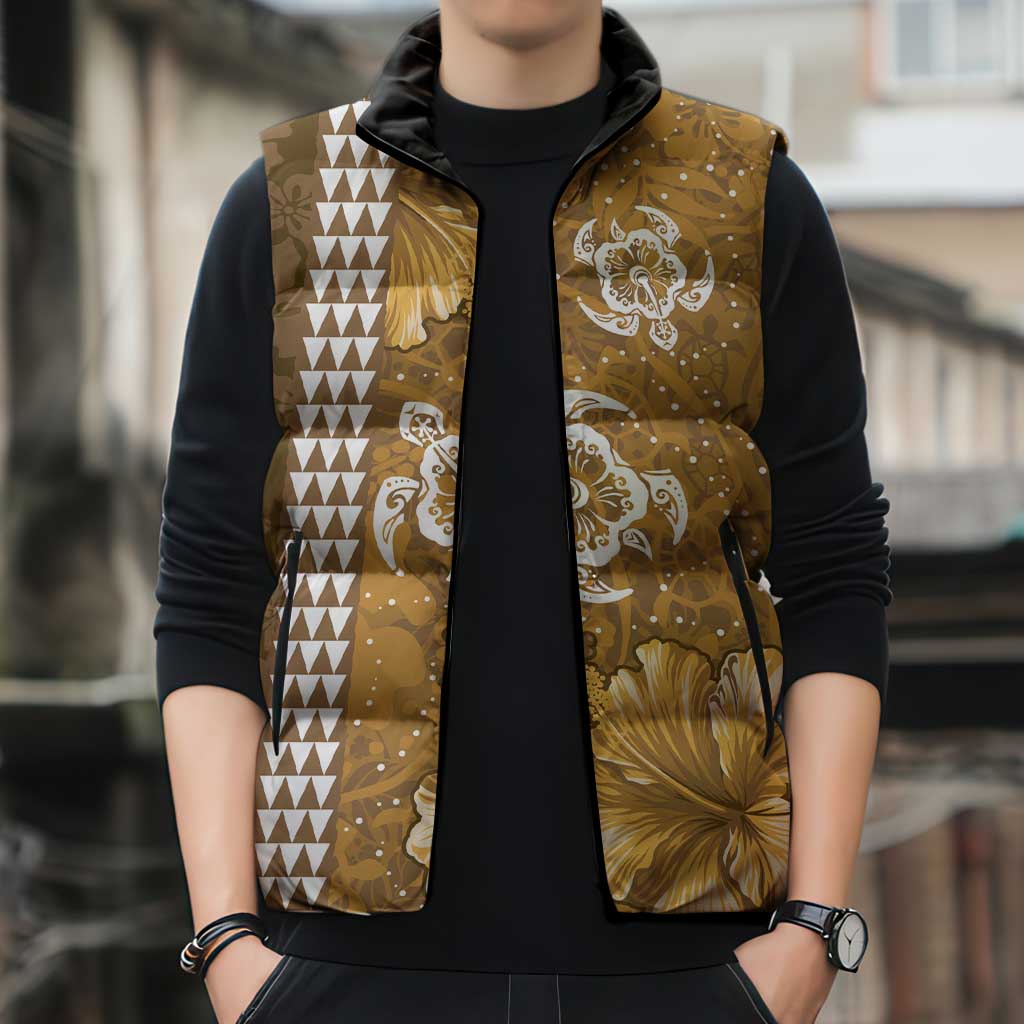 Gold Hibiscus Turle Sleeveless Puffer Jacket Hawaiian Style Tribal Tapa Pattern LT9 - Polynesian Pride