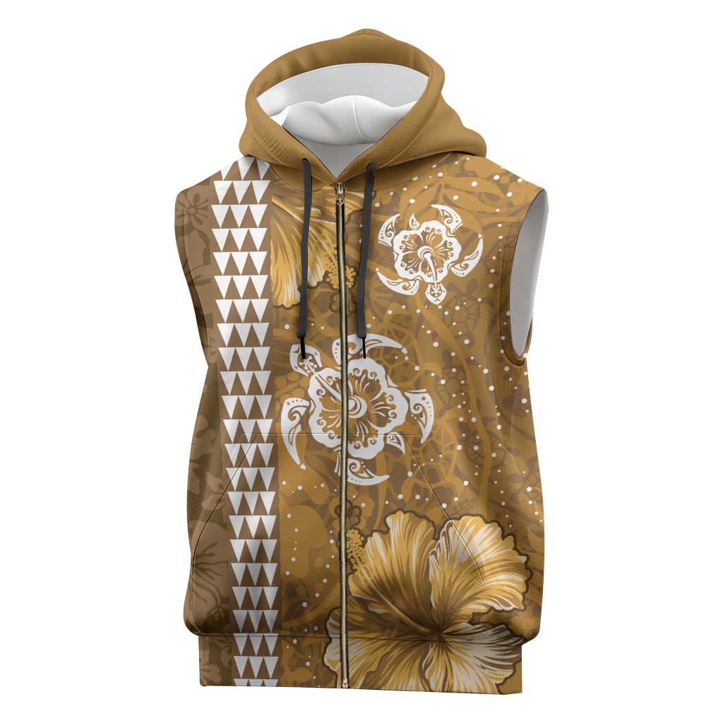 Gold Hibiscus Turle Sleeveless Zip Hoodie Hawaiian Style Tribal Tapa Pattern - Polynesian Pride