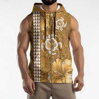 Gold Hibiscus Turle Sleeveless Zip Hoodie Hawaiian Style Tribal Tapa Pattern - Polynesian Pride