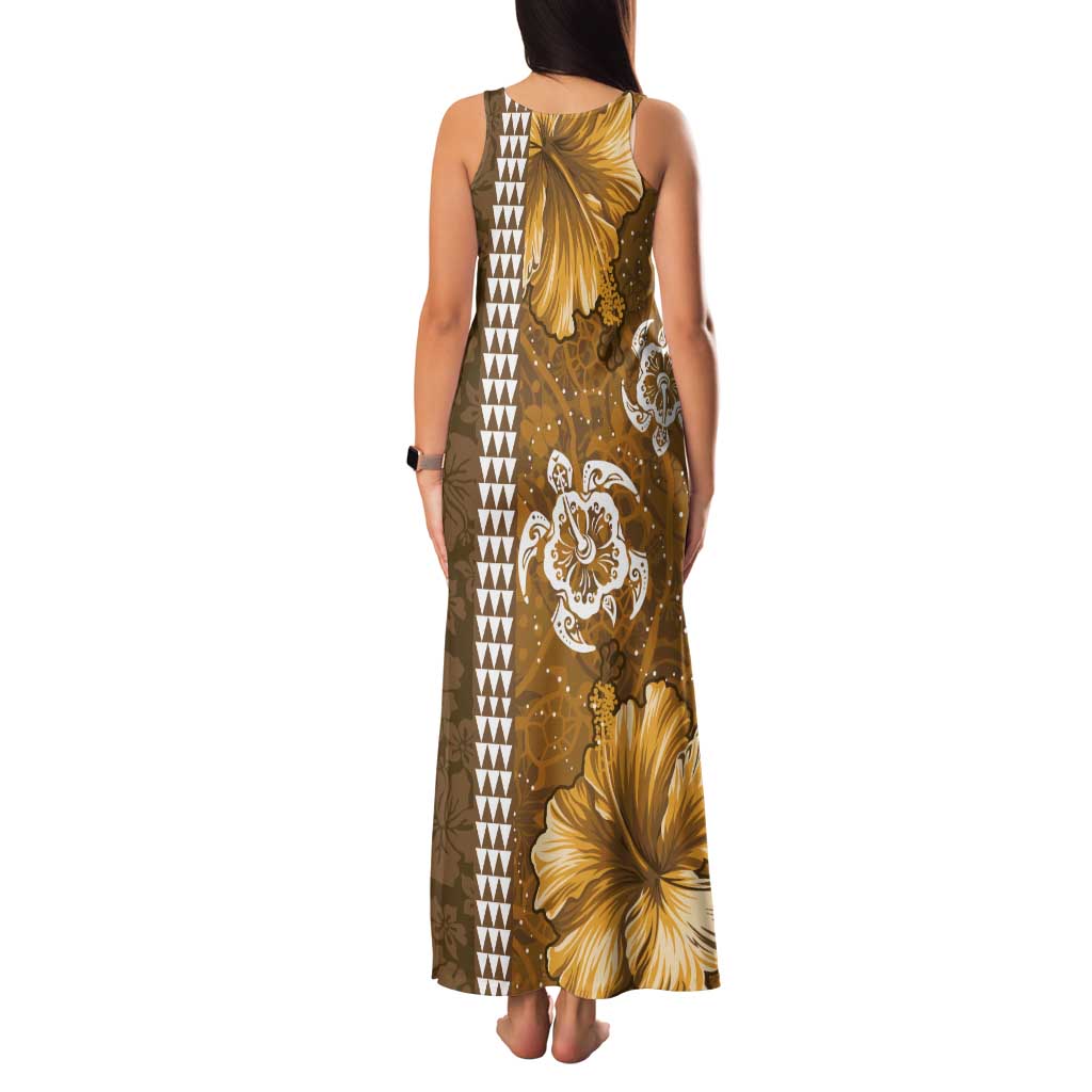 Gold Hibiscus Turle Tank Maxi Dress Hawaiian Style Tribal Tapa Pattern