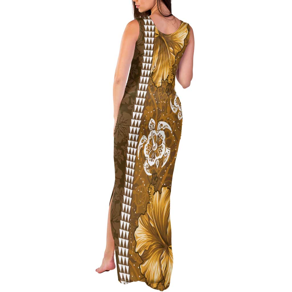 Gold Hibiscus Turle Tank Maxi Dress Hawaiian Style Tribal Tapa Pattern