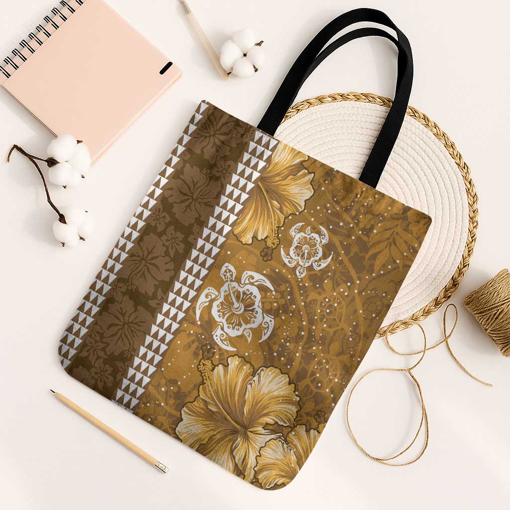 Gold Hibiscus Turle Tote Bag Hawaiian Style Tribal Tapa Pattern LT9 Black Strap One Size Gold - Polynesian Pride