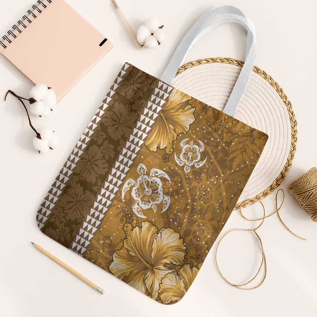 Gold Hibiscus Turle Tote Bag Hawaiian Style Tribal Tapa Pattern LT9 White Strap One Size Gold - Polynesian Pride