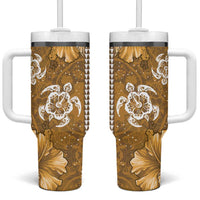 Gold Hibiscus Turle Tumbler With Handle Hawaiian Style Tribal Tapa Pattern