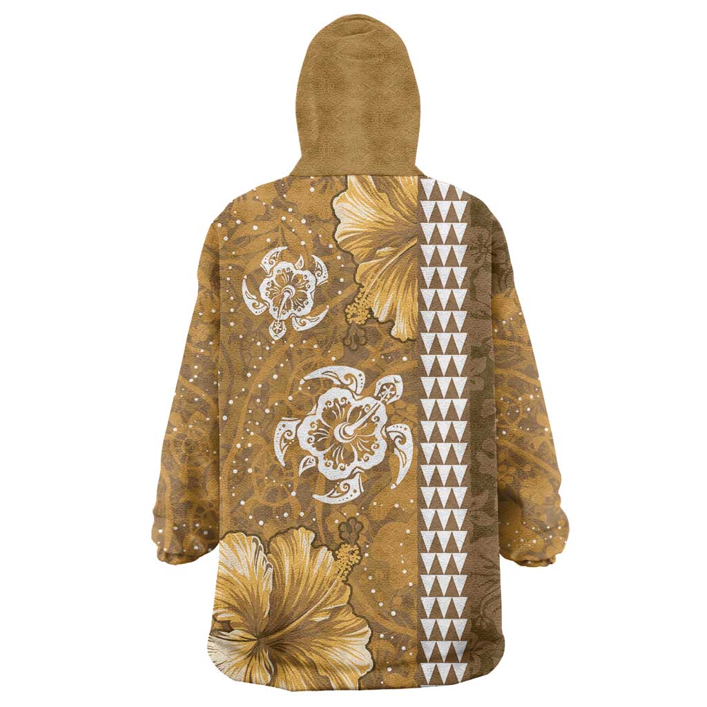 Gold Hibiscus Turle Wearable Blanket Hoodie Hawaiian Style Tribal Tapa Pattern