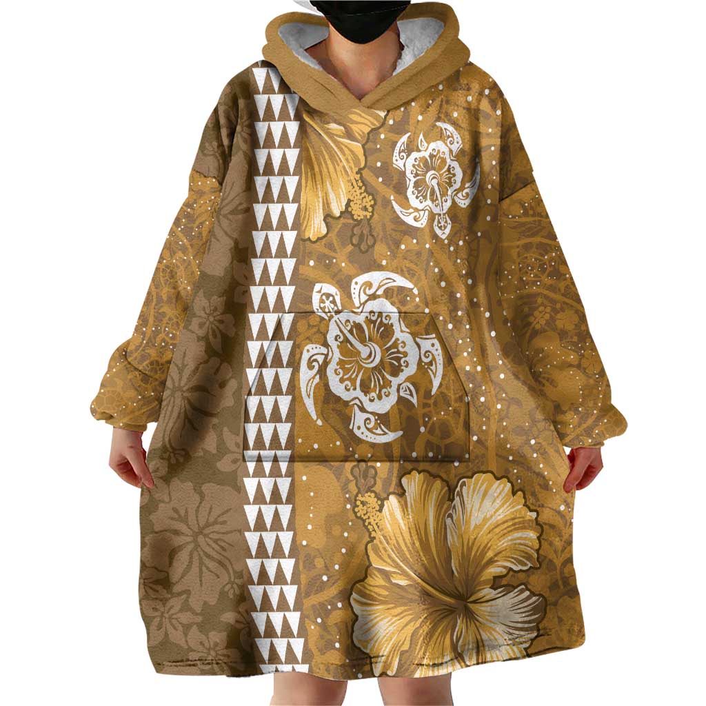 Gold Hibiscus Turle Wearable Blanket Hoodie Hawaiian Style Tribal Tapa Pattern