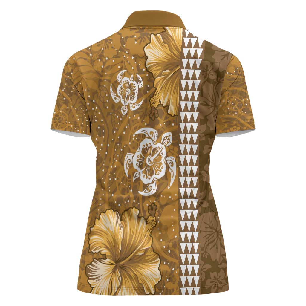 Gold Hibiscus Turle Women Polo Shirt Hawaiian Style Tribal Tapa Pattern