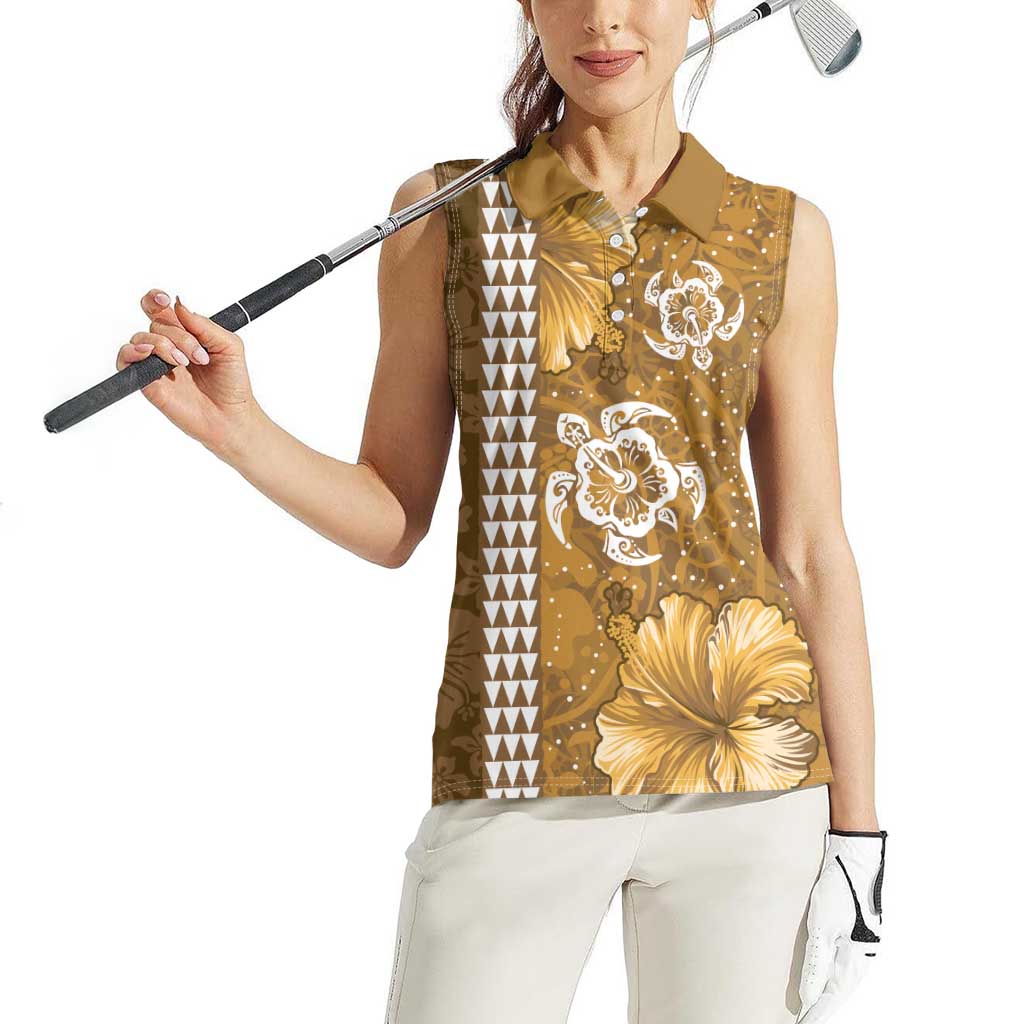 Gold Hibiscus Turle Women Sleeveless Polo Shirt Hawaiian Style Tribal Tapa Pattern