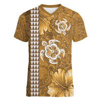 Gold Hibiscus Turle Women V-Neck T-Shirt Hawaiian Style Tribal Tapa Pattern LT9 Female Gold - Polynesian Pride