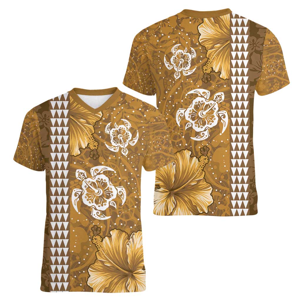 Gold Hibiscus Turle Women V-Neck T-Shirt Hawaiian Style Tribal Tapa Pattern LT9 - Polynesian Pride