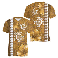 Gold Hibiscus Turle Women V-Neck T-Shirt Hawaiian Style Tribal Tapa Pattern LT9 - Polynesian Pride