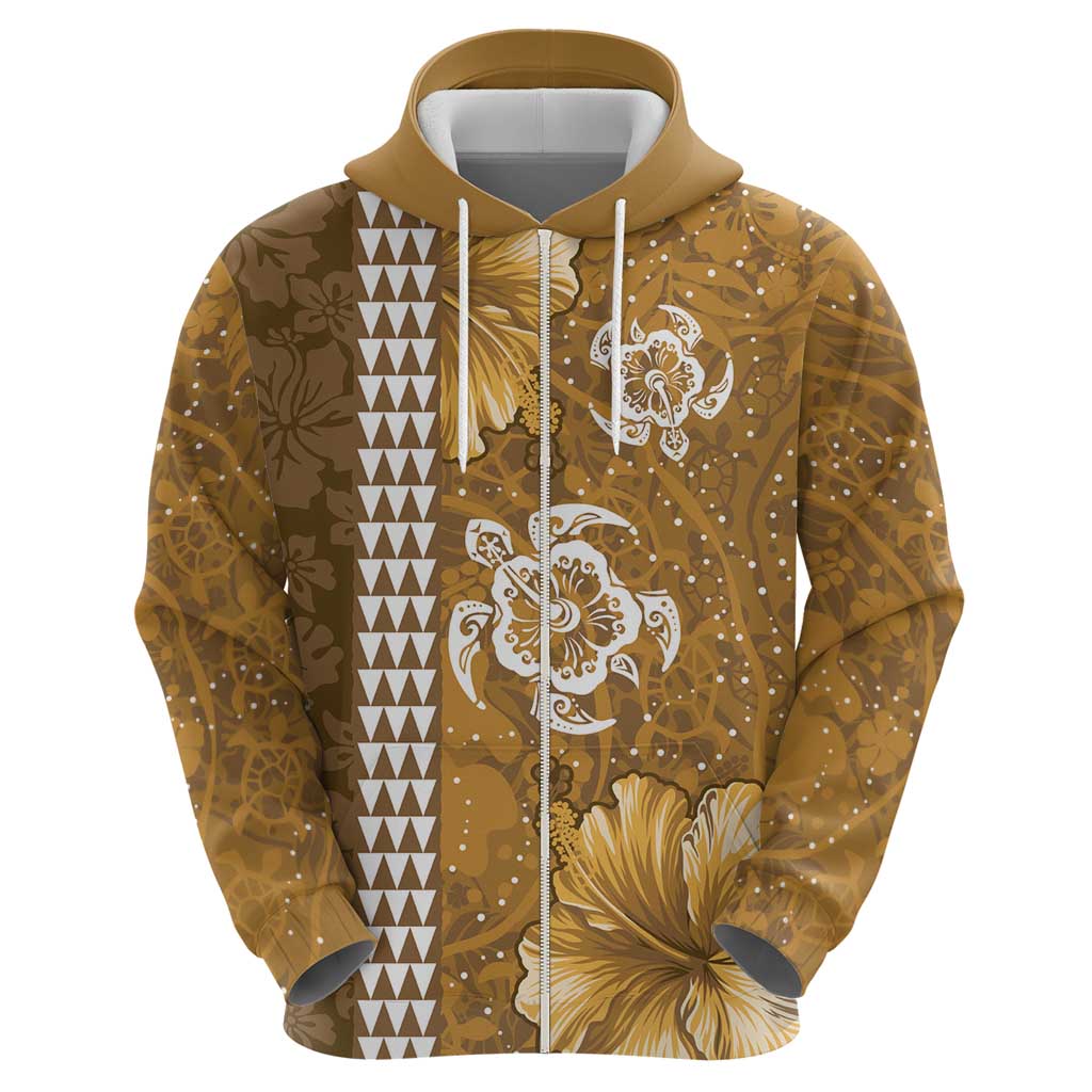 Gold Hibiscus Turle Zip Hoodie Hawaiian Style Tribal Tapa Pattern