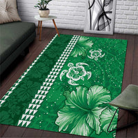 Green Hibiscus Turle Area Rug Hawaiian Style Tribal Tapa Pattern