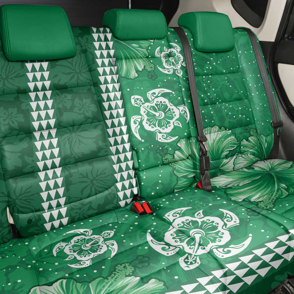 Green Hibiscus Turle Back Car Seat Cover Hawaiian Style Tribal Tapa Pattern