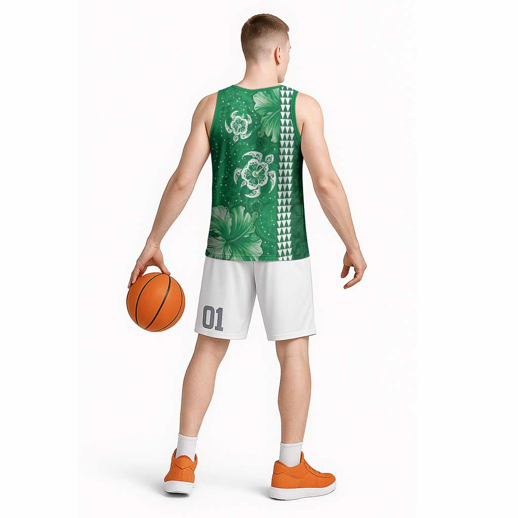 Green Hibiscus Turle Basketball Jersey Hawaiian Style Tribal Tapa Pattern - Polynesian Pride