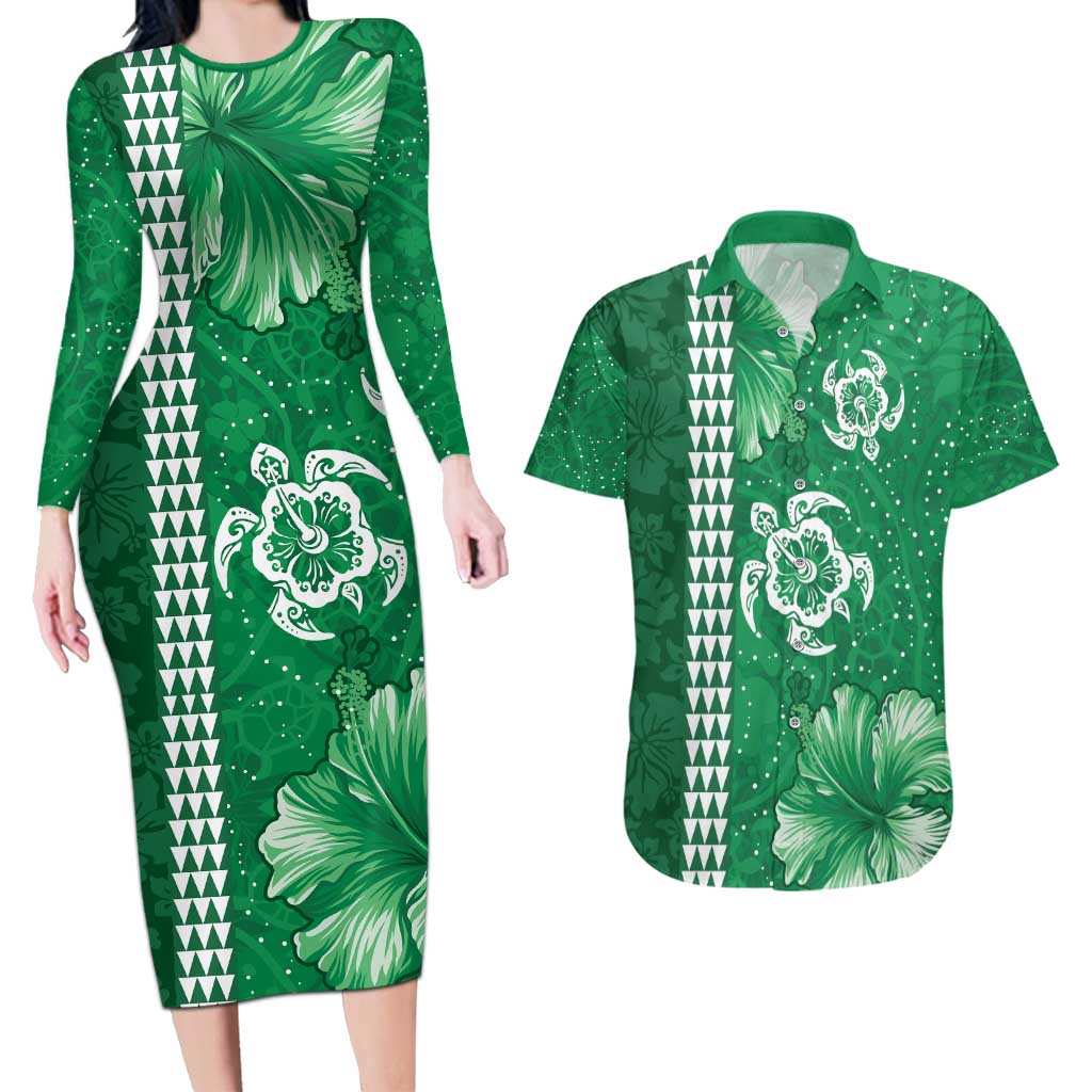 Green Hibiscus Turle Couples Matching Long Sleeve Bodycon Dress and Hawaiian Shirt Hawaiian Style Tribal Tapa Pattern LT9 Green - Polynesian Pride