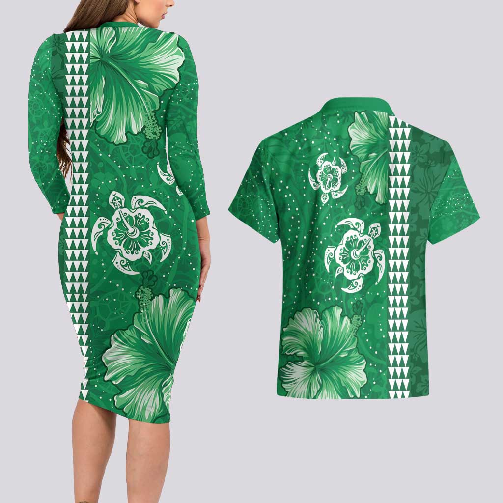 Green Hibiscus Turle Couples Matching Long Sleeve Bodycon Dress and Hawaiian Shirt Hawaiian Style Tribal Tapa Pattern LT9 - Polynesian Pride