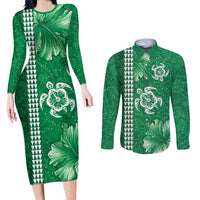 Green Hibiscus Turle Couples Matching Long Sleeve Bodycon Dress and Long Sleeve Button Shirt Hawaiian Style Tribal Tapa Pattern LT9 Green - Polynesian Pride
