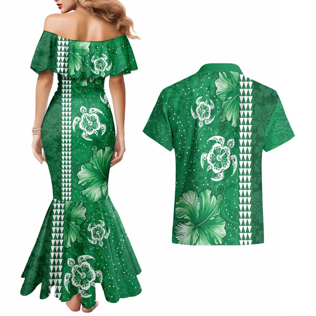 Green Hibiscus Turle Couples Matching Mermaid Dress and Hawaiian Shirt Hawaiian Style Tribal Tapa Pattern LT9 - Polynesian Pride