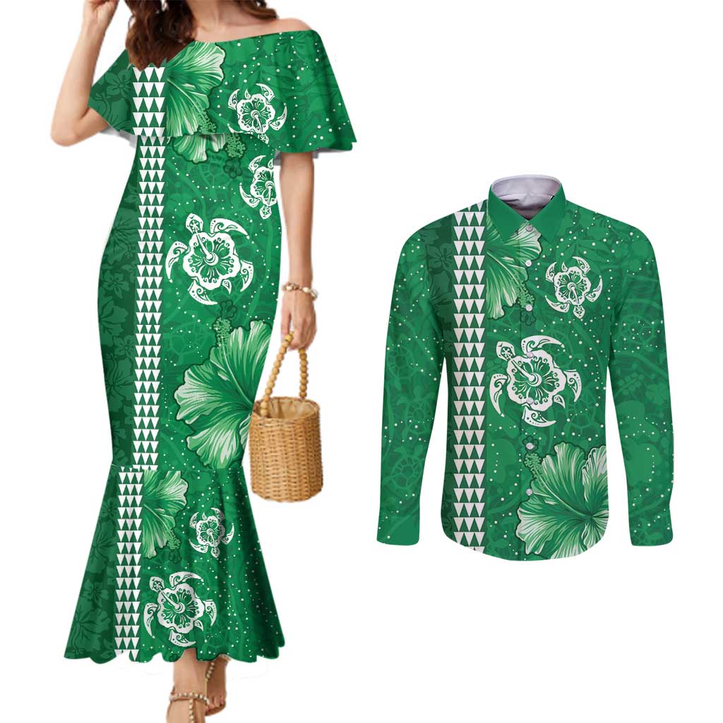 Green Hibiscus Turle Couples Matching Mermaid Dress and Long Sleeve Button Shirt Hawaiian Style Tribal Tapa Pattern LT9 Green - Polynesian Pride