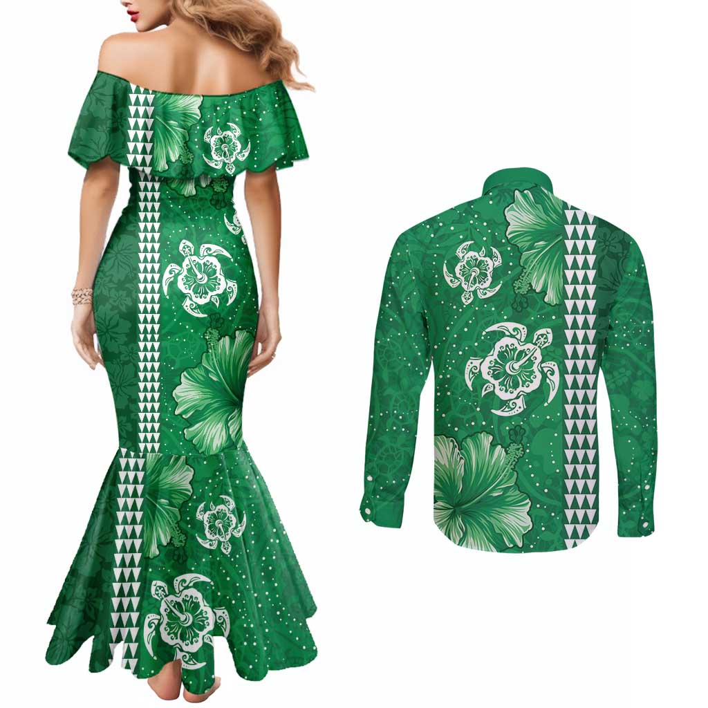 Green Hibiscus Turle Couples Matching Mermaid Dress and Long Sleeve Button Shirt Hawaiian Style Tribal Tapa Pattern LT9 - Polynesian Pride