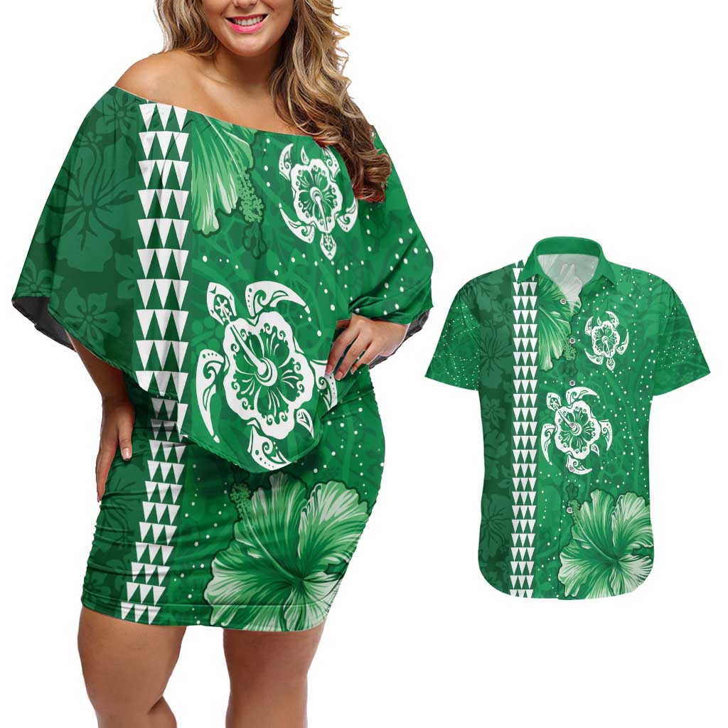 Green Hibiscus Turle Couples Matching Off Shoulder Short Dress and Hawaiian Shirt Hawaiian Style Tribal Tapa Pattern LT9 Green - Polynesian Pride