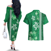 Green Hibiscus Turle Couples Matching Off The Shoulder Long Sleeve Dress and Hawaiian Shirt Hawaiian Style Tribal Tapa Pattern