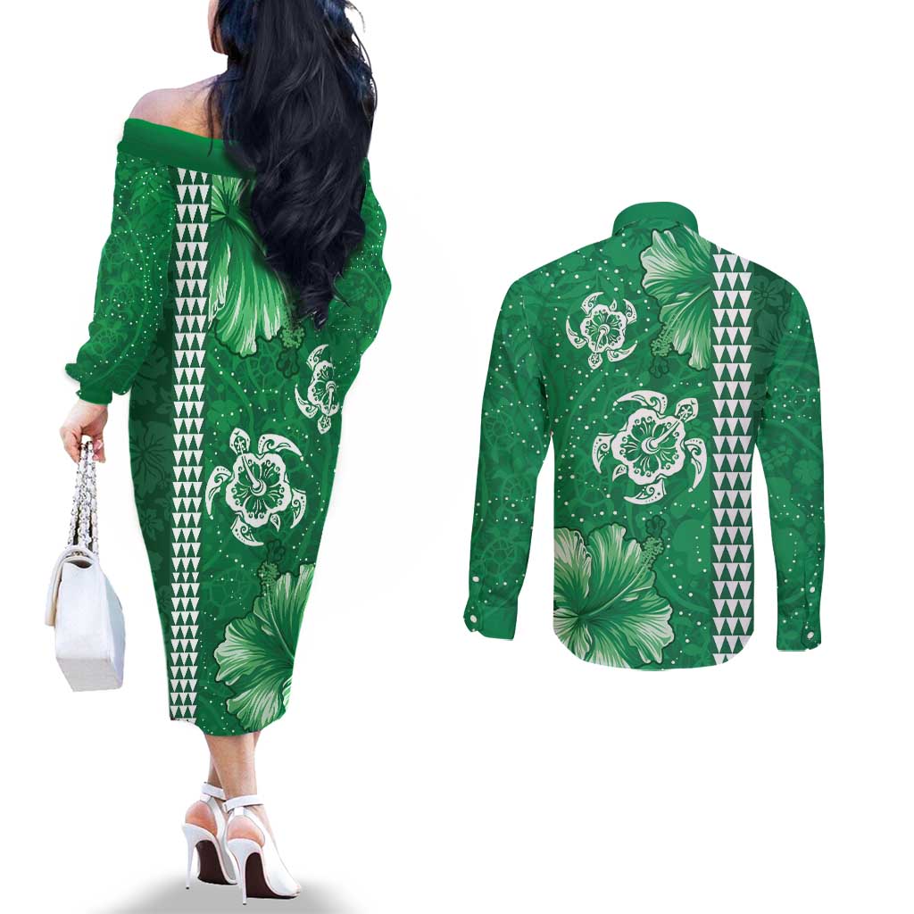 Green Hibiscus Turle Couples Matching Off The Shoulder Long Sleeve Dress and Long Sleeve Button Shirt Hawaiian Style Tribal Tapa Pattern LT9 - Polynesian Pride