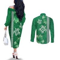 Green Hibiscus Turle Couples Matching Off The Shoulder Long Sleeve Dress and Long Sleeve Button Shirt Hawaiian Style Tribal Tapa Pattern LT9 - Polynesian Pride