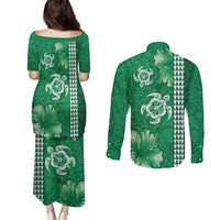 Green Hibiscus Turle Couples Matching Puletasi and Long Sleeve Button Shirt Hawaiian Style Tribal Tapa Pattern